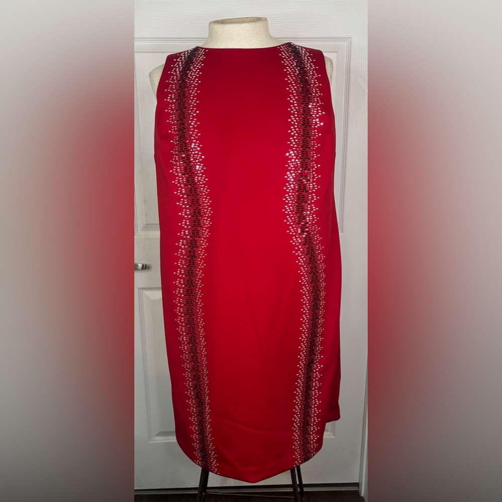 Calvin Klein Red Midi Dress with Patterned Accents Size 16W